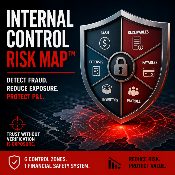 Internal Control Risk Map shield showing six financial control zones including cash, receivables, payables, inventory, payroll, and expenses for fraud detection and P&L protection