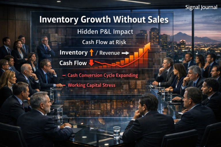 Executives analyzing inventory growth without sales on a financial dashboard showing rising inventory, declining cash flow, and hidden P&L impact in a corporate boardroom