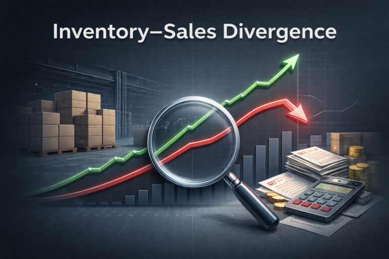 Inventory sales divergence showing inventory growth without sales leading to margin distortion, cash decline, and write-down risk in financial performance