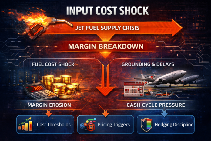 Jet fuel supply crisis infographic showing input cost shock leading to margin erosion and cash flow pressure in aviation and energy-dependent industries