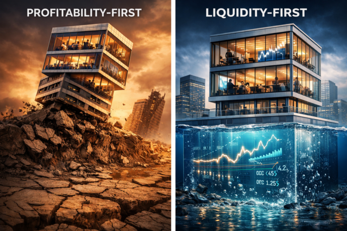 Liquidity management strategy illustrated through the Liquidity-First Principle, showing how cash flow stability supports financial performance and business survival.
