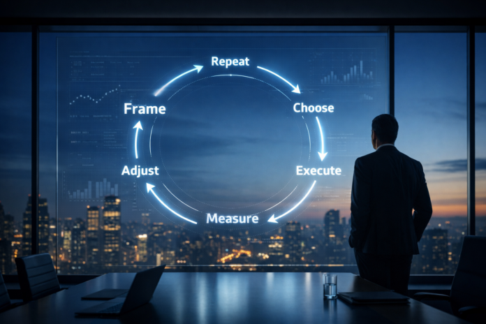 Executive boardroom with digital decision loop showing a decision system for strategy execution and P&L performance, illustrating a business decision making framework