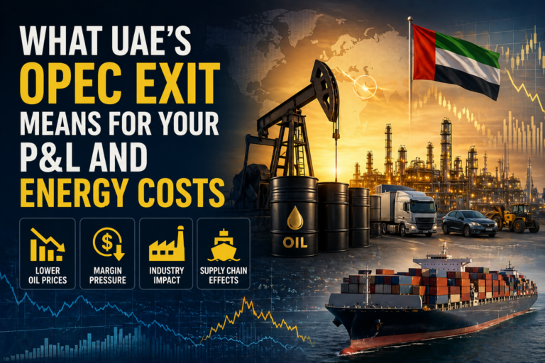 Infographic showing UAE exit from OPEC and its impact on global oil supply, energy costs, and P&L performance across industries