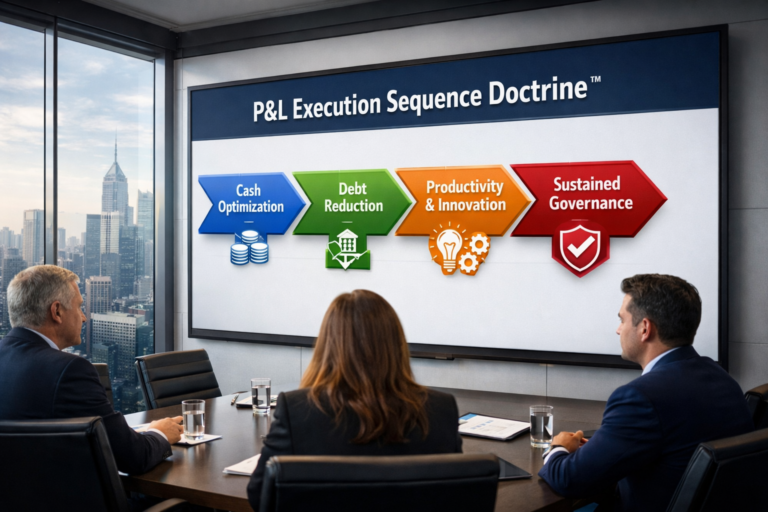 Executive conference room with digital whiteboard showing P&L Execution Sequence Doctrine PCGI framework for improving financial performance