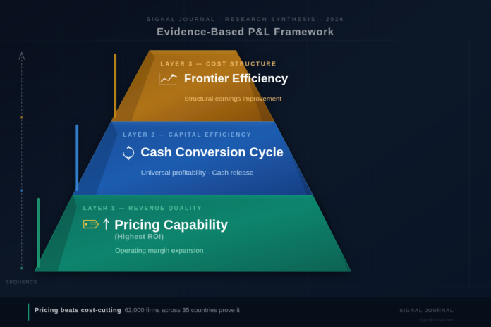 3-Layer P&L Architecture pyramid showing Revenue Quality (pricing), Capital Efficiency (cash conversion cycle), and Cost Structure (frontier efficiency) in execution sequence.