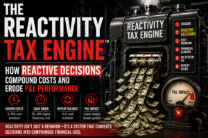 Reactive Decisions Tax Engine diagram showing how reactive decisions increase costs, create financial leakage, and compound negative P&L impact over time