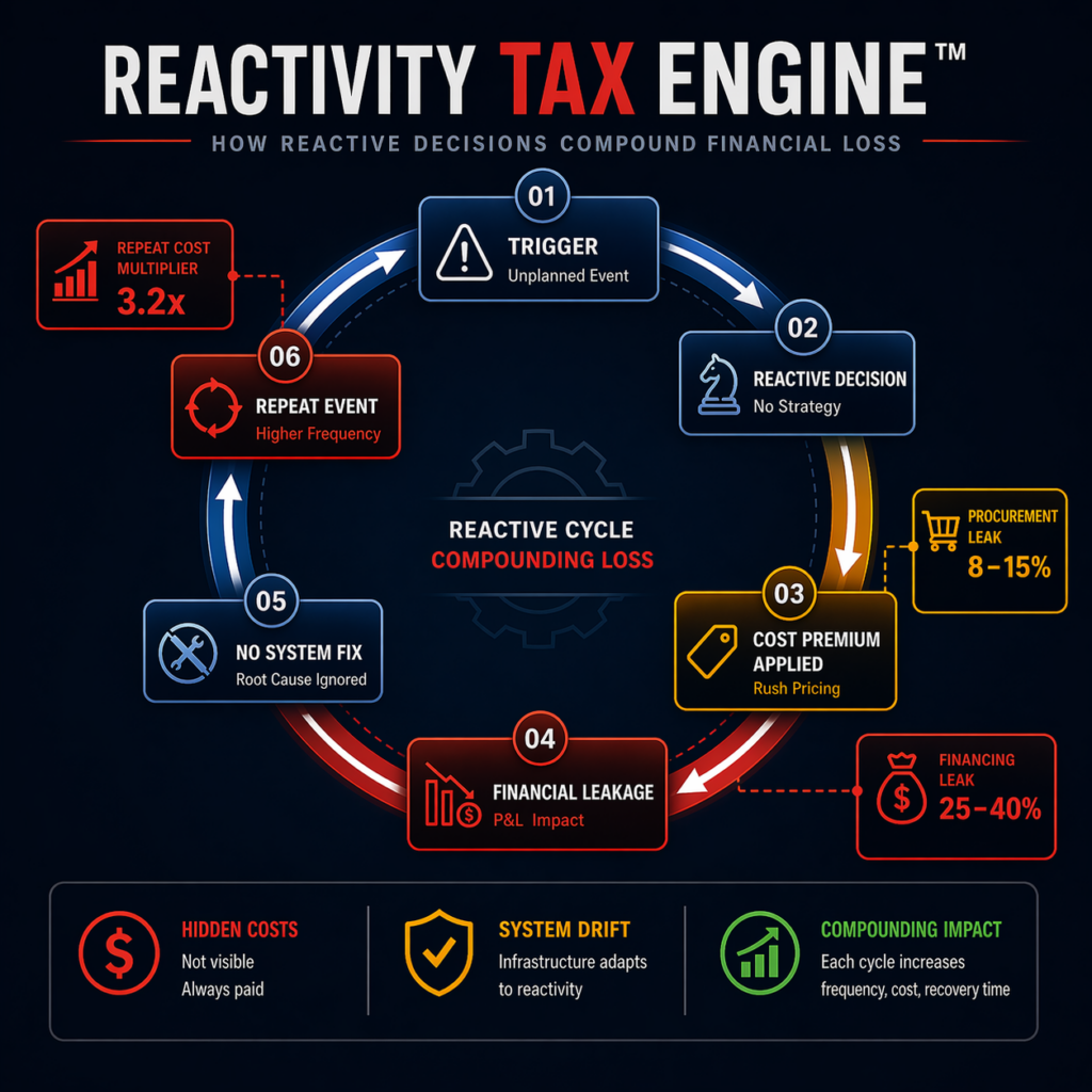 Reactivity Tax Engine diagram showing how reactive decisions lead to cost premiums, financial leakage, and repeated operational failures that compound losses across the P&L