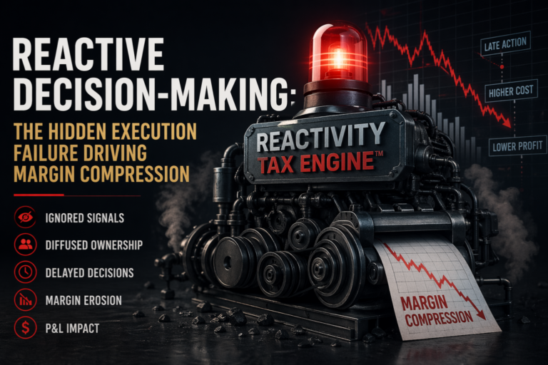 Illustration of the Reactivity Tax showing how reactive decision making increases hidden costs, compresses margins, and negatively impacts P&L performance