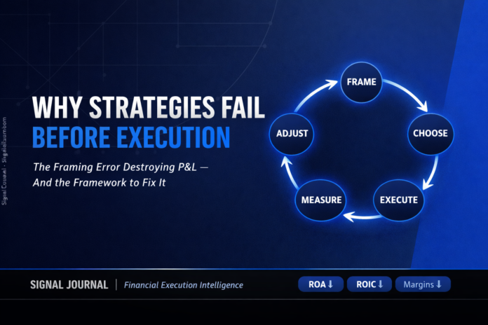 Signal Journal article cover for "Why Strategies Fail Before Execution" featuring the Decision Loop™ diagram with five nodes — Frame, Choose, Execute, Measure, Adjust — on a dark navy background with cobalt blue accents and P&L distress indicators.