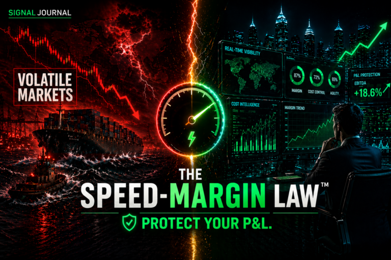 Speed-Margin Law visual showing volatile markets supply chain disruption versus real-time cost intelligence dashboards protecting P&L