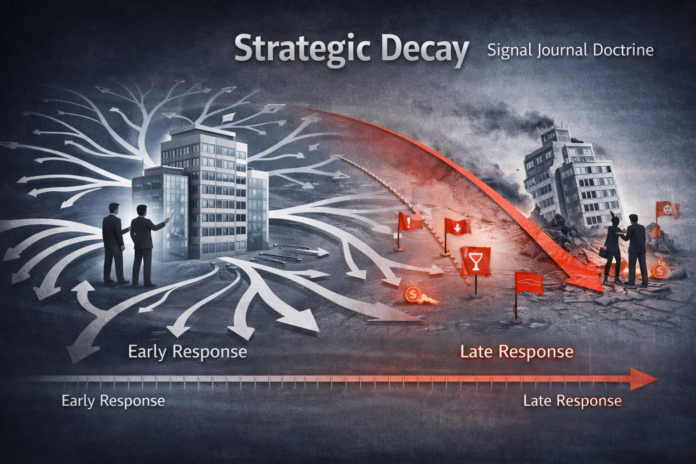 Conceptual illustration of strategic decay in business showing a company’s strategic options narrowing over time, with early response preserving multiple paths and late response leading to constrained choices and organizational decline.