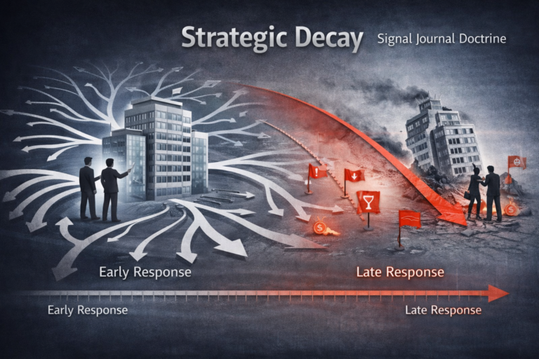 Conceptual illustration of strategic decay in business showing a company’s strategic options narrowing over time, with early response preserving multiple paths and late response leading to constrained choices and organizational decline.