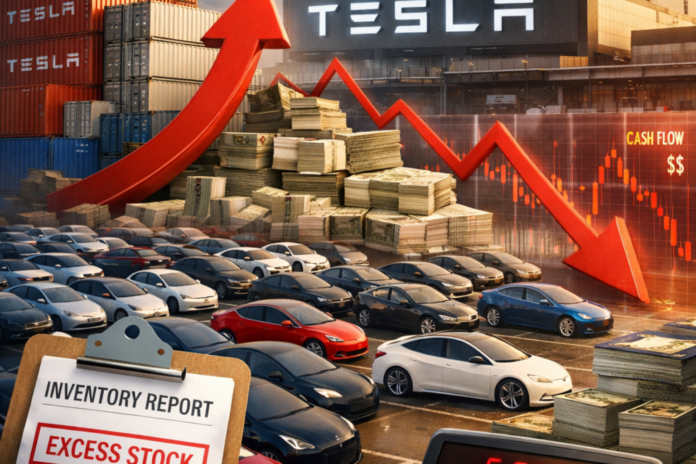 Tesla execution signal showing excess vehicle inventory buildup from production exceeding deliveries, indicating liquidity pressure and demand slowdown