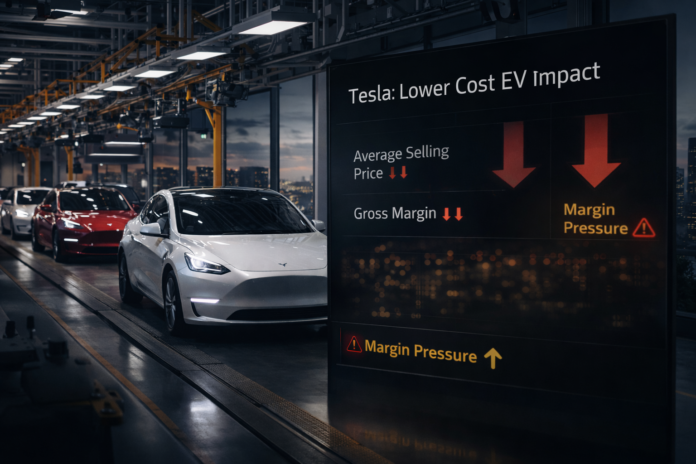Tesla execution signal showing lower-cost EV production increasing volume while reducing average selling price and compressing margins