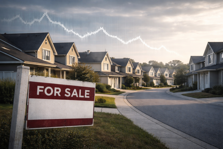 Suburban homes with a “For Sale” sign and a declining financial chart overlay, representing falling US home sales, demand slowdown, and P&L pressure
