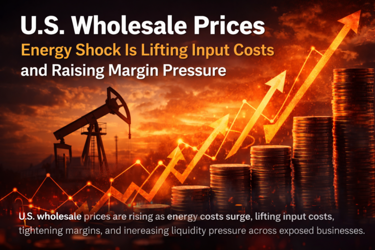 U.S. wholesale prices rising due to energy shock, increasing input costs and margin pressure, with oil pumpjack and upward cost graph illustrating wholesale price shock margin pressure