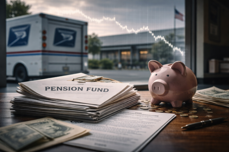 Pension fund documents, cash, and a piggy bank with a declining financial chart and USPS truck in the background, representing liquidity pressure and pension suspension