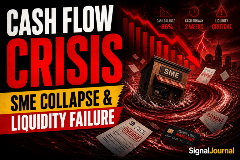 Cash flow crisis in small business showing SME collapse, declining cash runway, liquidity failure, and financial distress signals