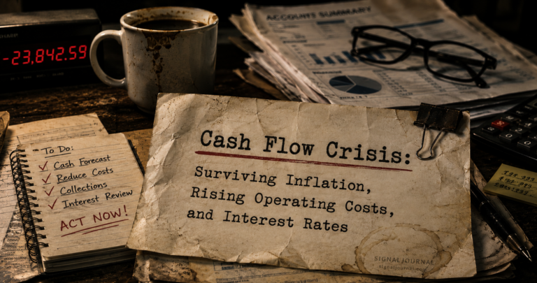 A financial crisis desk scene showing cash flow pressure from inflation, rising operating costs, and higher interest rates, featuring financial reports, a negative cash balance, and a cash flow crisis action plan.