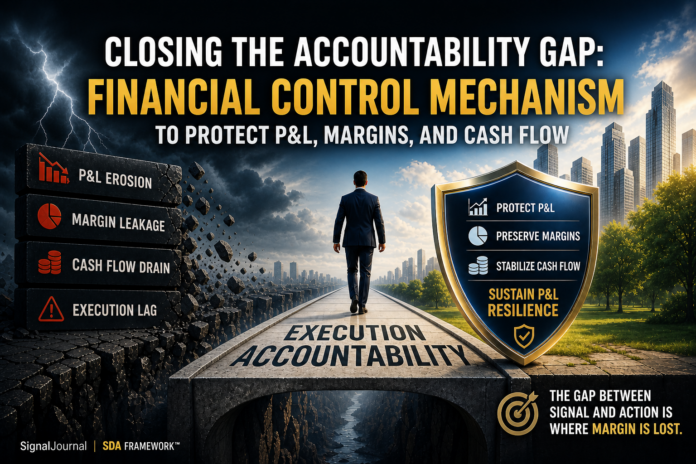 Infographic showing execution accountability as a financial control mechanism bridging P&L erosion, margin leakage, cash flow drain, and execution lag toward protecting P&L, preserving margins, and stabilizing cash flow — SDA Framework by SignalJournal