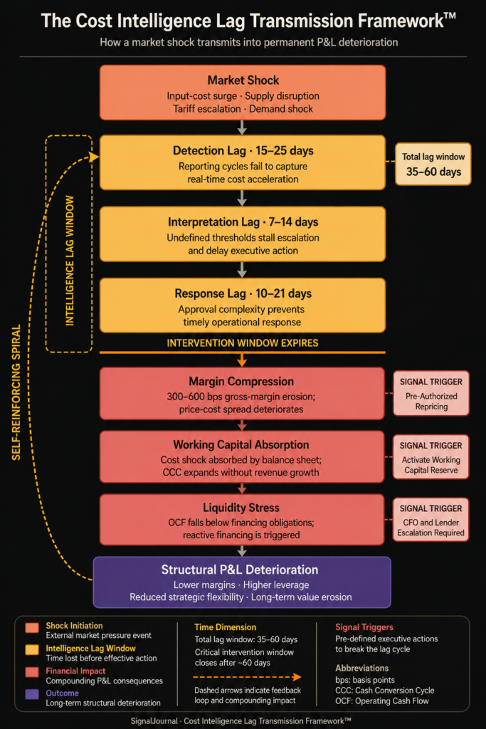 Infographic illustrating the Cost Intelligence Lag Transmission Framework™, showing how delayed detection, interpretation, and response to market cost shocks lead to margin compression, working capital absorption, liquidity stress, and structural P&L deterioration in volatile markets.