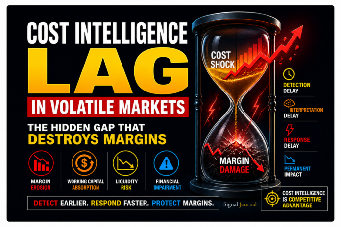 Illustration of cost intelligence lag in volatile markets showing how delayed detection, interpretation, and response to cost shocks lead to margin erosion, liquidity risk, working-capital absorption, and structural financial impairment