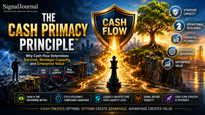 The Cash Primacy Principle doctrine illustration showing how cash flow determines survival, strategic capacity, operational resilience, liquidity flexibility, and enterprise value through disciplined cash flow management strategy and financial execution